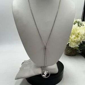 Michael Kors Silver Plated Pave Crystal Pave MK Logo Lariat Box Chain
Necklace